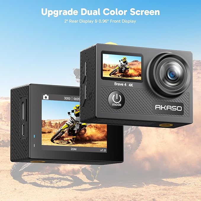 AKASO Brave 4 Action Camera with Waterproof Floating Hand Grip and Carry Bag Bundle - 4K30 20MP Ultra Hd EIS 131ft Underwater Camera 5xZoom Dual Screen with Helmet and Bicycle Accessories Kit