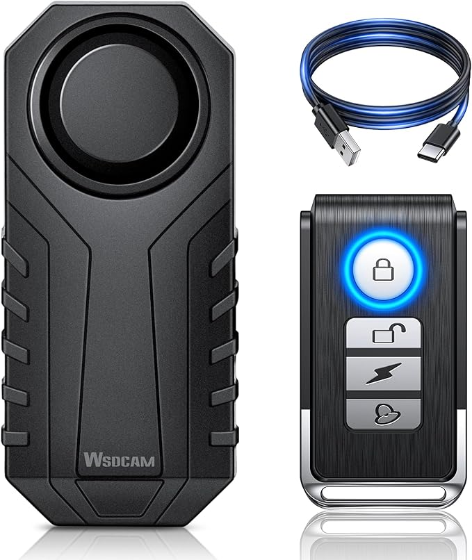 WSDCAM 113dB Wireless Bike Alarm with Remote, Rechargeable Bicycle Alarm System Anti Theft, IP65 Waterproof, 3 Volume Bike Alarms for E-Bikes, Motorcycles, Scooter, Outdoor Riding and Cycling Safety