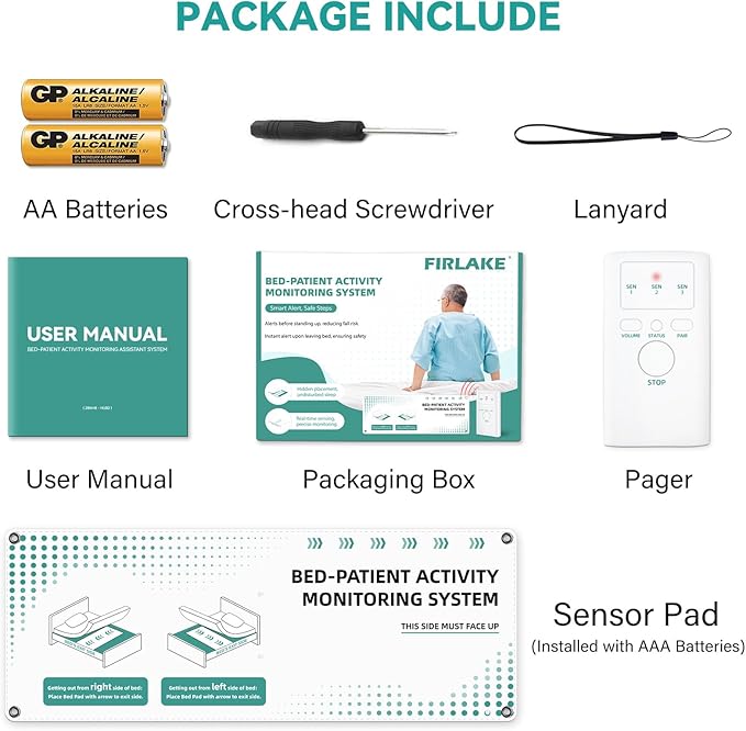 Wireless Bed Alarm for Elderly - Fall Prevention Sensor Pad with Pager - Early & Exit Alert Modes for Dementia Patients - Under Mattress Support, Replaceable Battery