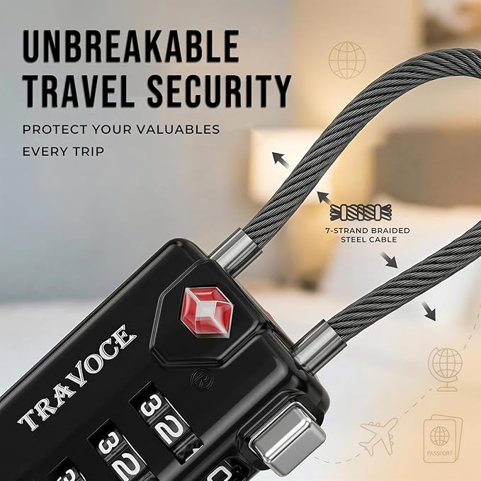TRAVOCE TSA Approved Luggage Locks - Heavy Duty 3 Digit Combination Cable Lock, Search Alert for Suitcases, Backpacks, Golf Bags, Tents, Violin and Camera Cases (4 Colors)