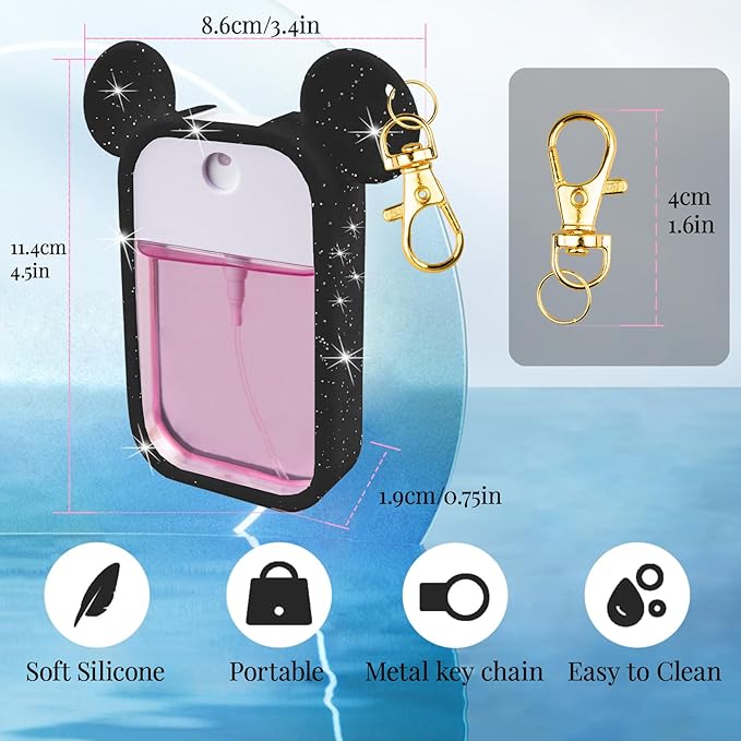 TERPINK Silicone Case Compatible with Touchland Hand Sanitizer Spray 1 fl oz, Mouse Design Protective Case with Keychain, Hand Sanitizer Spray Accessory 1 Pack (Glitter Sequin Black)