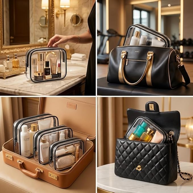 3 PCS Clear Travel Toiletries Bag, CAA Approved Waterproof Toiletry Bags, Clear Makeup Bags PVC Cosmetic Bag, Travel Essentials