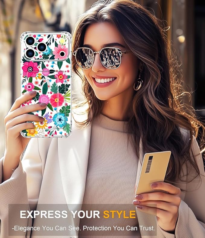 Compatible with iPhone 17 Pro Case Card Holder for Women Cute Design,Wallet Phone Cases Transparent Cool Kawaii Protective (Clear Floral Spring Blossom)