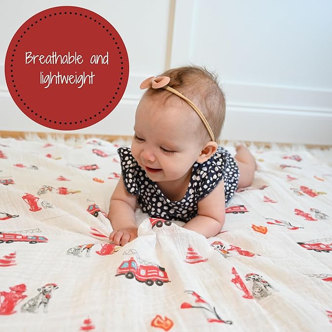 LollyBanks Muslin Swaddle Blanket, 100% Muslin Cotton Swaddle Blankets for Baby Boys, 47 X 47 Inches Soft and Cozy Blankets for Newborn Baby, Newborn Essential, Registry (Fireman Dog Print)