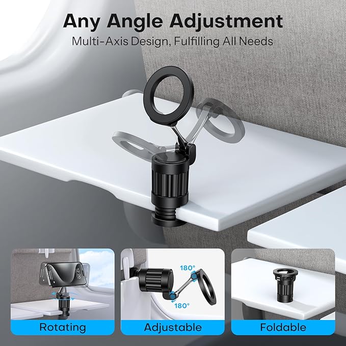OMOTON 360°Rotating Magnetic Airplane Phone Holder Mount, for Magsafe Airplane Travel Essentials Accessories, Adjustable Foldable Universal Handsfree Phone Stand for iPhone 17 16 15 14 Pro Max Air
