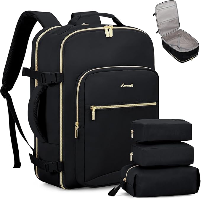 LOVEVOOK Travel Backpack for Women & Men 40L,Airline Approved Carry On Backpack Travel Essentials,TSA Carry on Luggage,Waterproof Personal Item Travel Bag,Suitcase with 3 Packing Cubes,Black-Black