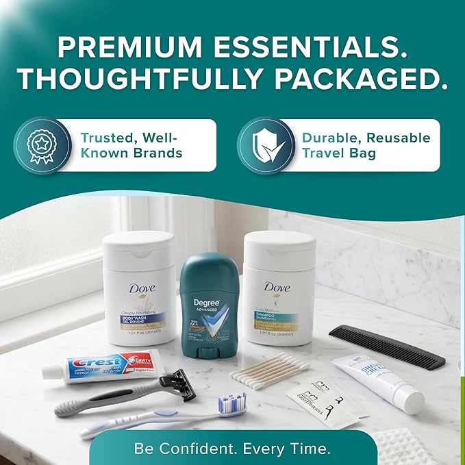 TrekTote Bulk Men’s Travel Hygiene Kits Case Pack of 12 Piece Kits TSA Approved Travel Size Toiletry Kits with Toothbrush Toothpaste Deodorant Razor for Shelters Outreach Emergency Use