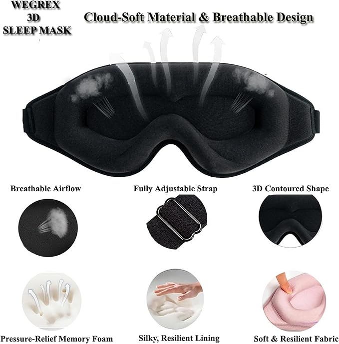 Sleep Mask, 3D Sleeping Mask, Zero Eye Pressure, 100% Light Blocking Eye Mask, Soft Comfortable for Travel & Side Sleepers, WEGREX Sleep Mask (Black)