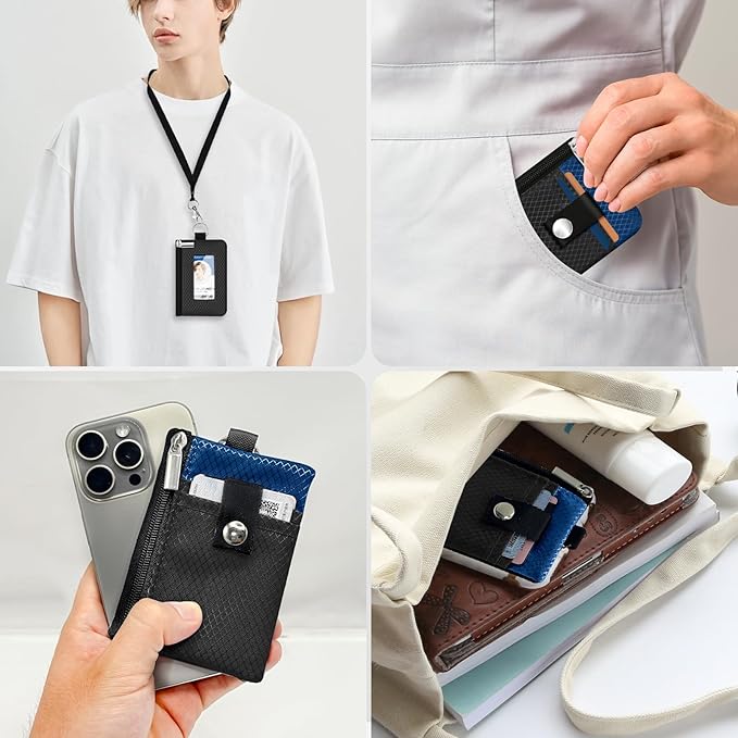 Minimalist RFID Blocking Small Wallet with ID Window,WaterResistant Zip Id Case Wallet with Lanyard Keychain for Cards,Cash,Travel,Women,Men (Black/Electric Blue)