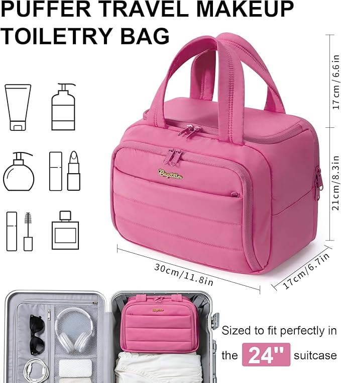 Bagstellar Travel Toiletry Bag for Women, Lightweight Large Quilted Puffy Makeup Bag Wide-open Make up Organizer Cloud Cosmetic Bag w/Handle for Traveling, Toiletries Essentials Accessories Rose Pink
