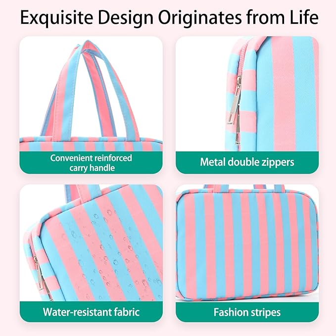 Toiletry Bag for Women Travel Water-resistant Cosmetic Bag Fashion Stripes Makeup Bag with Hanging Hook Preppy for Store Toiletries Cosmetic Accessories Medium Rose Red