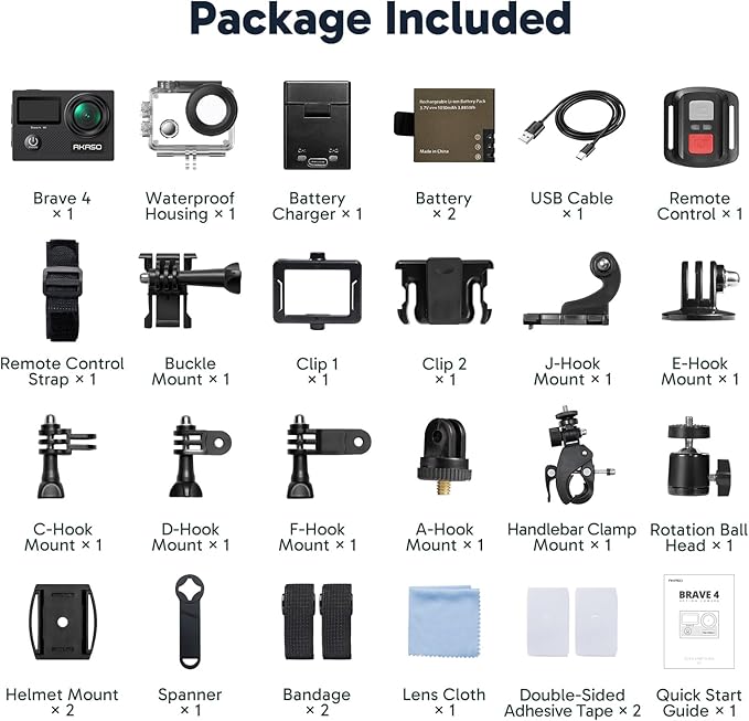 AKASO Brave 4 Action Camera with 64GB MicroSDXC U3 Card 4K30FPS 20MP Ultra HD 131FT Waterproof Underwater Camera EIS WiFi Remote Control 5X Zoom Sport Camera with Motorcycle Bicycle Accessories Kit