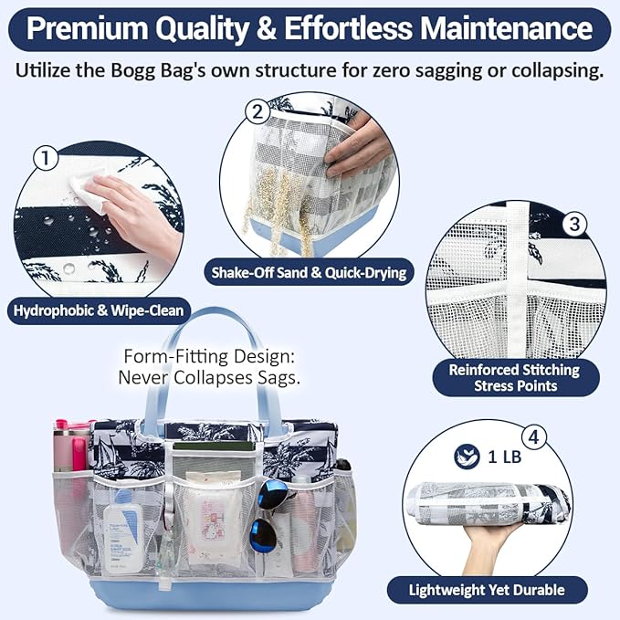 Custom Fit Organizer Bag Insert ONLY for Bogg Bag Custom Fit Inner Liner Pouch for Original Large XL Rubber Tote Zippered Organizer with Pockets for Beach Travel Sports Mom (BLUE WHITE STRIPE, LARGE)