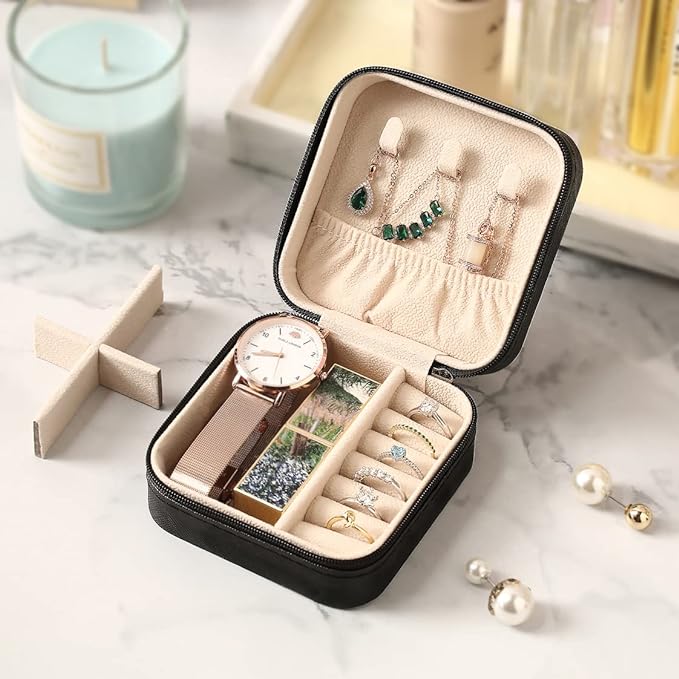 ZPROW Travel Jewelry Case, Mini Portable Jewelry Travel Boxes, Small Jewelry Organizer for Rings, Earrings, Pendants, Watches, Necklaces, Lipsticks Organizer Storage Holder Case (Black)