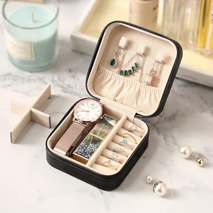 ZPROW Travel Jewelry Case, Mini Portable Jewelry Travel Boxes, Small Jewelry Organizer for Rings, Earrings, Pendants, Watches, Necklaces, Lipsticks Organizer Storage Holder Case (Black-6packs)