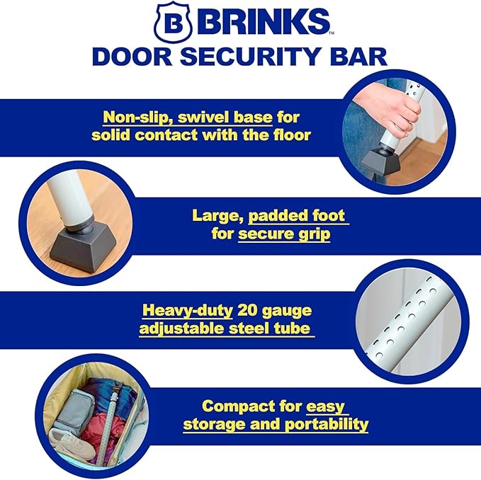 BRINKS Door Security Bar - Adjustable Brinks Door Security Bar for Travel, School, Dorm and Home - Door Jammer for Hinged Doors and Sliding Door Security – Silver - 2 Pack