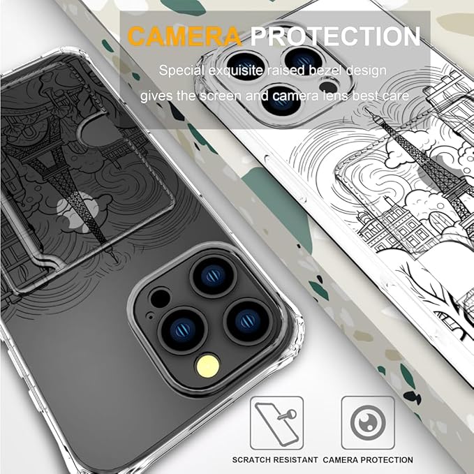 Compatible with iPhone 16 Pro Case Card Holder for Women Cute Design,Wallet Phone Cases Transparent Cool Kawaii Protective (Clear Paris City Eiffel Tower)