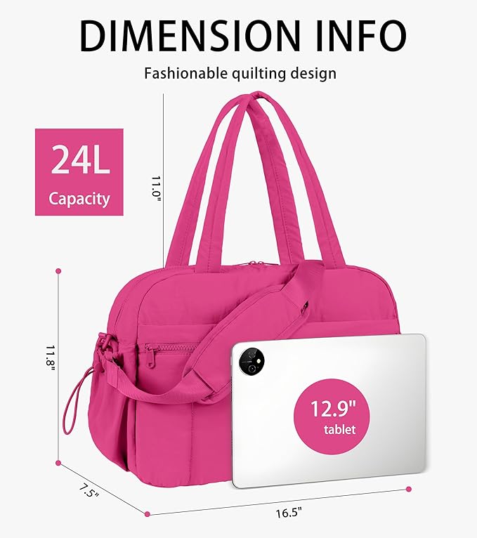 Lightweight Travel Duffle Bag for Women, Quilted Puffy Weekender with Wet Pocket for Gym, Overnight, Personal Item Carry On, Rose Red