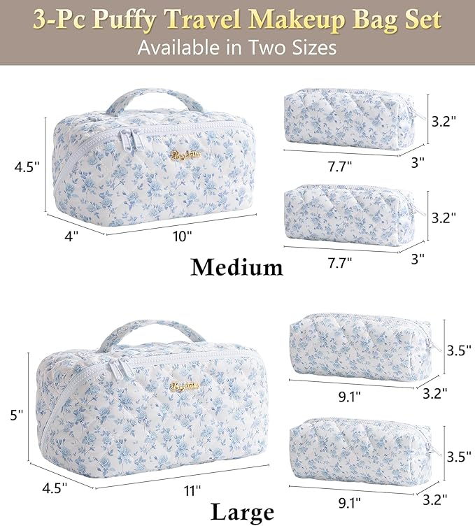 Travel Makeup Bag, 3 Pcs Large Capacity Puffy Toiletry Bag for Women, Open Flat Make up Cosmetic Organizer w/Handle & Clear Divider Water-resistant Portable Pouch Travel Essentials, M-Blue Floral