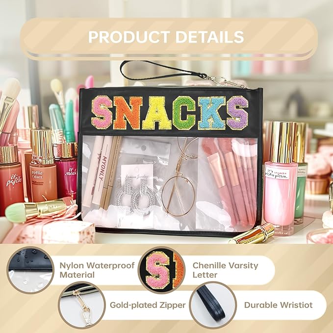 Siwara Snack Bags Clear Pouch Travel Makeup Bag Chenille Letter Bags for Zipper Pouch Clear Cosmetic Bag Clearly Tote Bag Makeup Travel Bags for Women