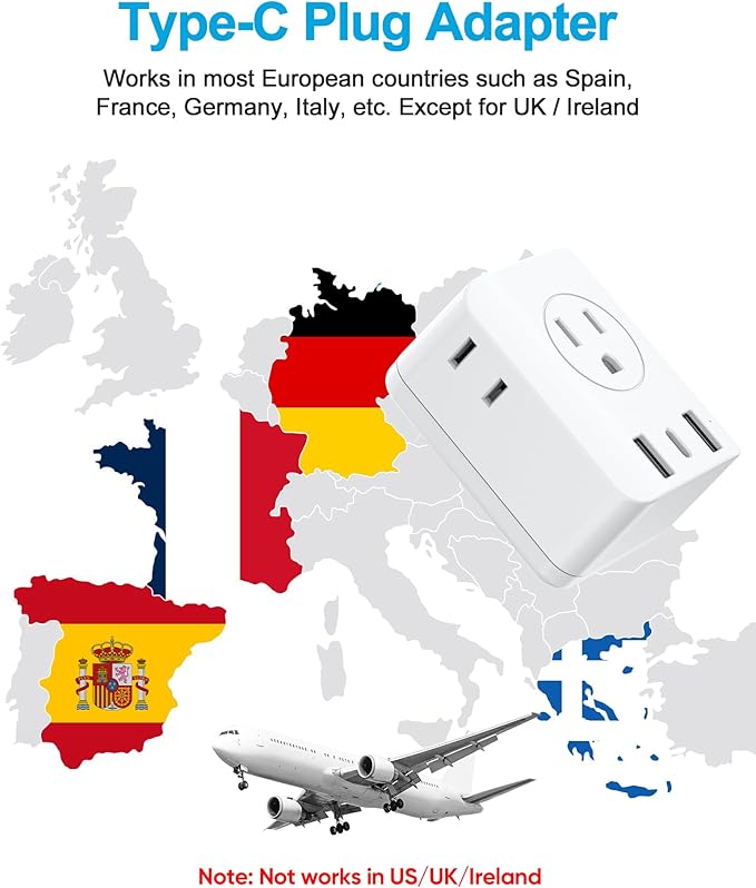 2 Pack European Travel Plug Adapter, Olcorife Foldable International Power Adapter with 4 Outlets 3 USB Ports, Type C Plug Adapter for US to Europe, Italy Spain Iceland France Germany