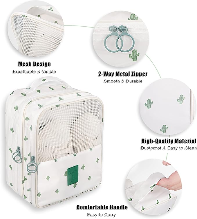 Travel Shoe Bag Waterproof Shoe Organizer Bag Holds 3 Pair of Shoes Shoe Packing Cube for Suitcase Travel and Daily Use Storage Pouch with Handle (Cactus)