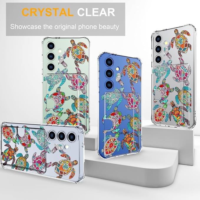 Compatible with Samsung Galaxy S24 / S25 Case Card Holder for Women Cute Design,Wallet Phone Cases Transparent Cool Kawaii Protective (Clear Sea Turtles Animal Tribal)