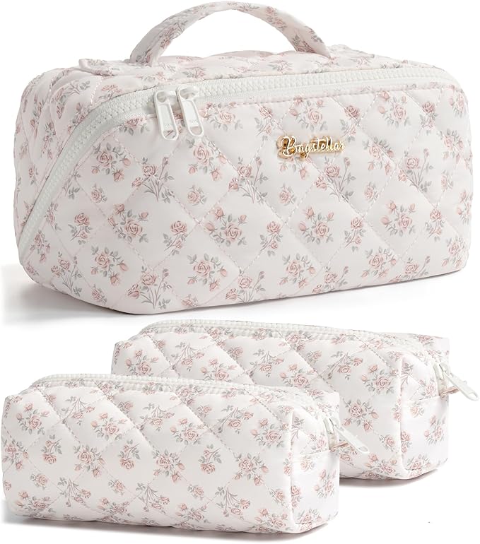 Travel Makeup Bag, 3 Pcs Large Capacity Puffy Toiletry Bag for Women, Open Flat Make up Cosmetic Organizer w/Handle & Clear Divider Water-resistant Portable Pouch Travel Essentials, M-Beige Rose
