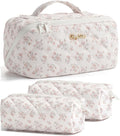 Travel Makeup Bag, 3 Pcs Large Capacity Puffy Toiletry Bag for Women, Open Flat Make up Cosmetic Organizer w/Handle & Clear Divider Water-resistant Portable Pouch Travel Essentials, M-Beige Rose
