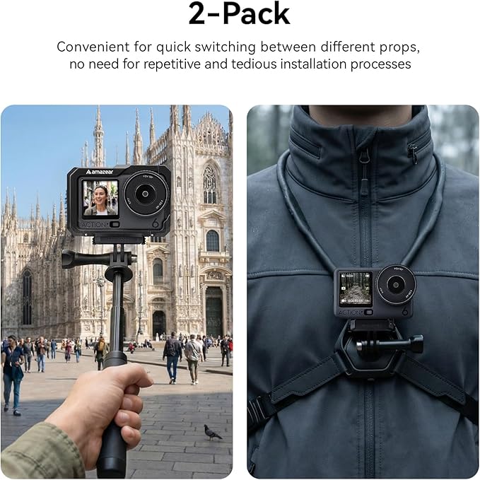 AMAZEAR Magnetic Mount for DJI OSMO Action 6 & Nano Accessories (2 Pack), Quick-Release Extension Base Bracket with 1/4" Adapter for GoPro Tripod/Selfie Stick, Black