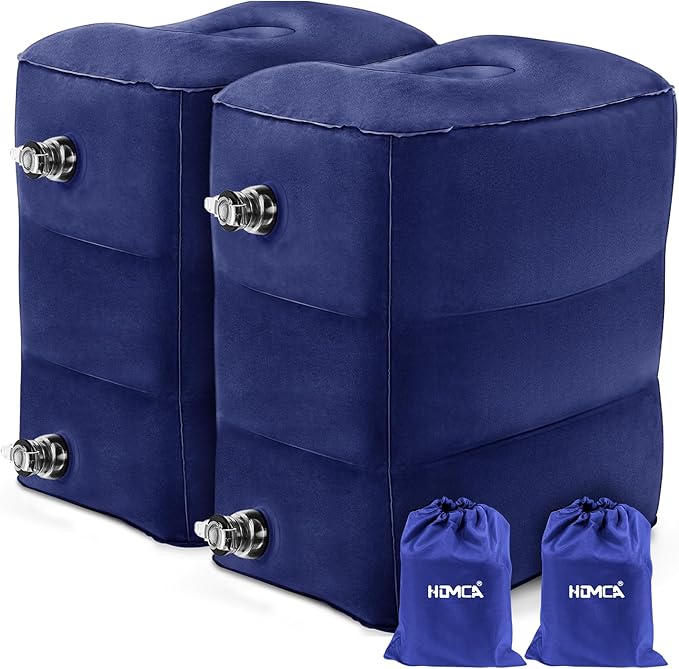 HOMCA Inflatable Travel Foot Rest Pillow (2-Pack) Adjustable Height Leg Pillow Fast Inflating Airplane Bed for Toddlers Footrest Pillow for Office, Airplane, Train, Cars, Home (Blue)