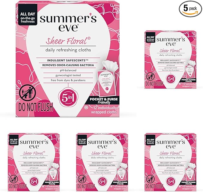 Summer's Eve Sheer Floral Feminine Wipes, Gentle pH-Balanced Formula Helps Control Vaginal Odor, Individually Wrapped Wipes, 12 Count (Pack of 5)