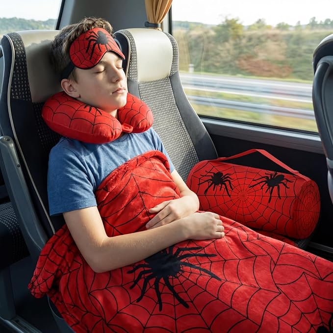 Moukeren 4 Pcs Spider Travel Pillow and Blanket Set Travel Airplane Essentials with Memory Foam Neck Pillow Soft Fleece Blanket Eye Mask and Spider Storage Bag for Boys Girls Sleeping Use