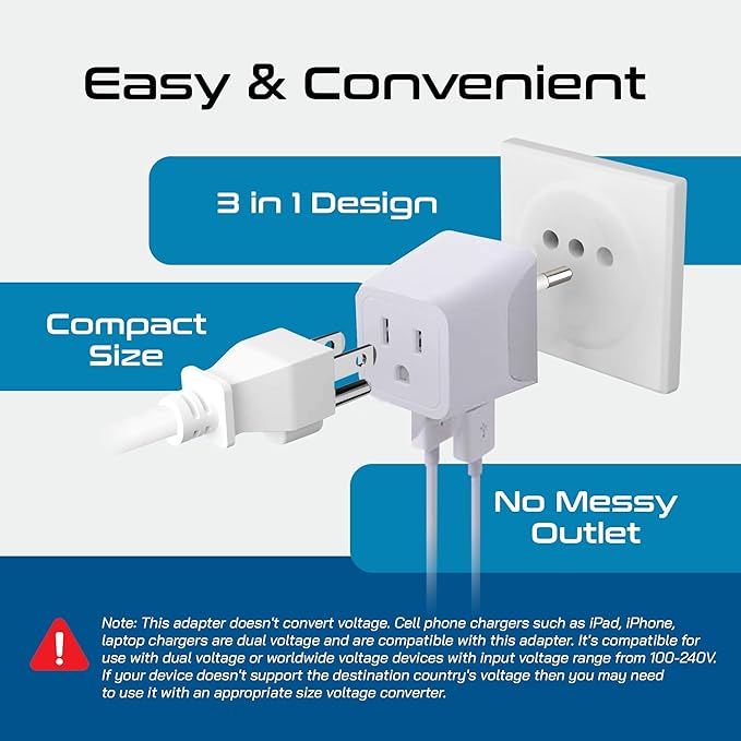 Ceptics Italy, Europe Travel Adapter Plug Set - 2 Pack - with 2 USB + USA Socket Input - Type L and Type C - Ultra Compact - Safe Grounded Perfect for Cell Phones, Laptops, Camera Chargers