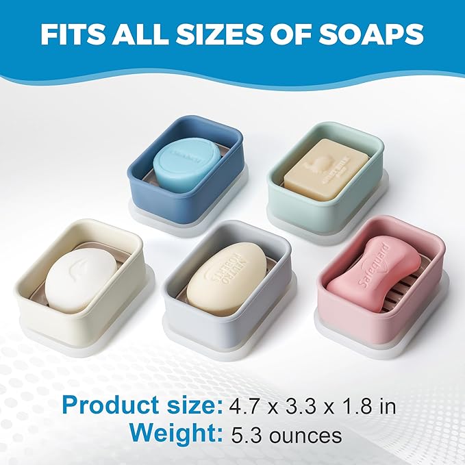 Compact Leakproof Travel Soap Case with Lid & Silicone Strap - Portable Draining Soap Bar Holder for Gym, Bathroom, Camping - Lightweight Silicone Soap Dish Container (Blue)