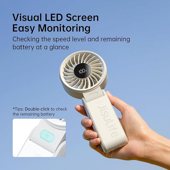 JISULIFE Handheld Fan Life7 – Ultimate Flexibility: Wide & Strong Airflow, 19.5H Max Cooling, 5000mAh Rechargeable, 5-Speed, LED Display, 3 IN 1 Portable Fan for Travel, Concerts, Sports Events(Grey)