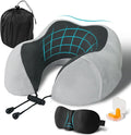 Travel Pillow, Memory Foam Neck Pillow for Traveling, U Shape Neck Pillow Airplane Portable Flight Pillow Travel Kit with 3D Contoured Eye Masks and Earplug for Plane Train Car Home Office - Grey
