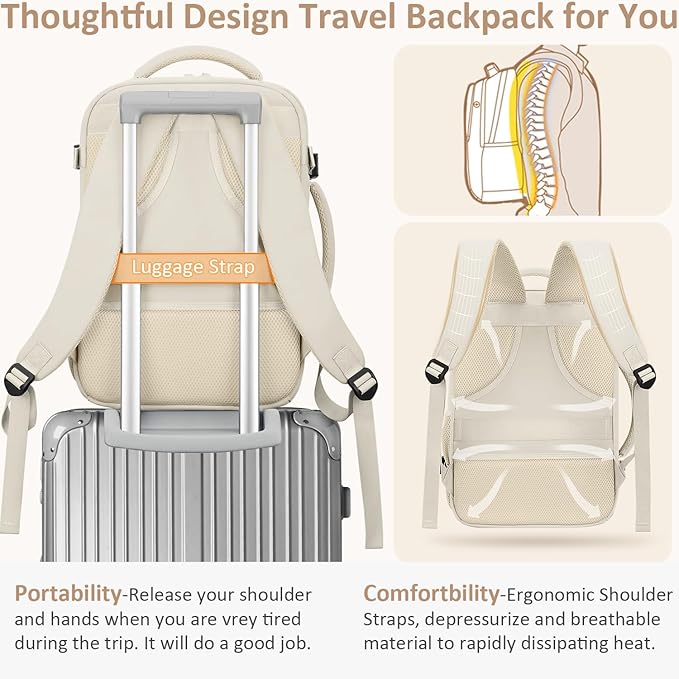Tenot Large Travel Backpack for Women Personal Item for Airlines17 Inch Laptop Backpack College Business Work Weekender Hiking Travel Essentials Womens Travel Backpack Beige
