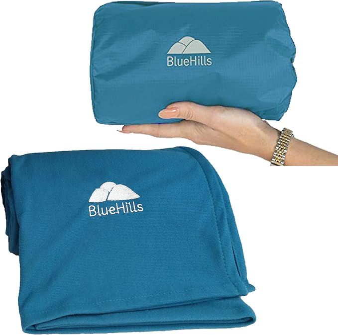 BlueHills Ultra Compact Travel Blankets Value Pack Set of 2 - Airplane Traveling Essentials Soft Flight Blanket Throw in a Portable case with Strap for Travel Gift – Peacock Teal and Pink