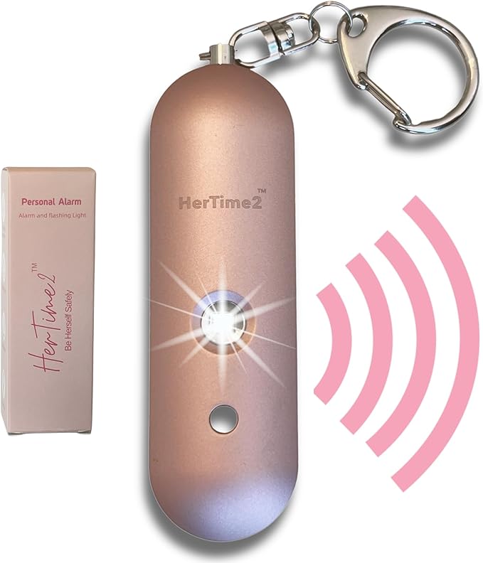 HerTime2 Personal Safety Alarm – Travel Safe Waterproof – Gift for Women College Girls – Self Defense Keychain – Extra Loud Siren – Strobe Light – Cute Key Chains Protection (Rose Gold)