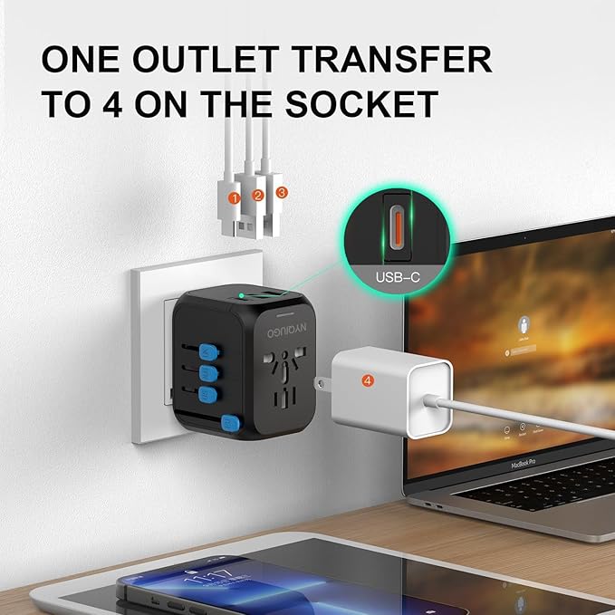 NYQIUGO Universal International Power Travel Plug Adapter with 3 USB Ports (1 USB C), Worldwide Plug Adaptor Wall Charger for USA to Europe UK France Germany Spain Ireland Australia (Type C/G/A/I)