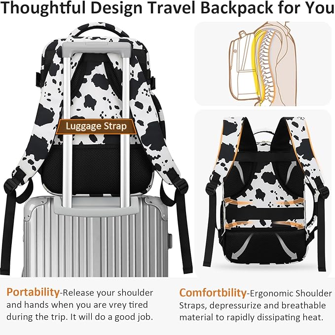Tenot Carry on Backpack for Women TSA Approved 15.6 Inch Travel Laptop Backpack for Women Travel Essentials Womens Travel Backpack Cow Print