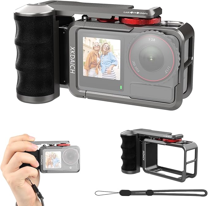 Metal Camera Cage with Handle Grip for DJI Osmo Action 5 Pro/Action 4/Action 3, Titanium Aluminum Alloy Expansion Adapter, Magnetic Quick-Release Street Grip Kit, Ergonomic Handle Holder
