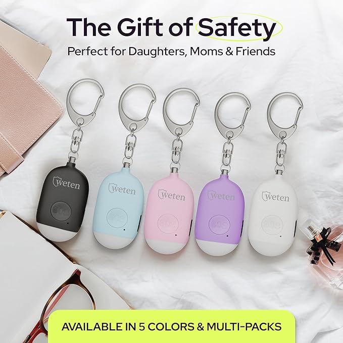 Weten Rechargeable Personal Alarm Keychain - 130dB Siren & LED Light - Stylish Personal Safety Alert for Women to Carry - Panic Button Alarm for Security - Rape Whistle for Self Defense (White)