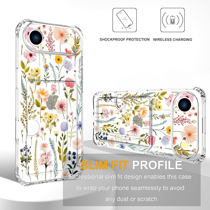 Compatible with iPhone 17 Air Case Card Holder for Women Cute Design,Wallet Phone Cases Transparent Cool Kawaii Protective (Clear Watercolor Floral)