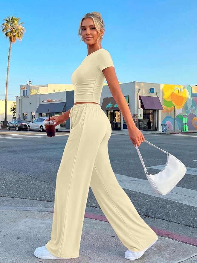 Trendy Queen 2 Piece Matching Summer Lounge Set Womens Side Ruching Top Wide Leg Pants Sets with Pockets