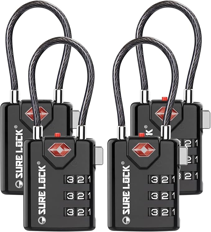 SURE LOCK TSA Approved Combination Luggage Locks with Open Alert Indicator – Durable Zinc Alloy Cable Travel Locks with Large Easy-Read Dials for Suitcases, Backpacks & Gym Bags Black 4 Pack