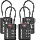 SURE LOCK TSA Approved Combination Luggage Locks with Open Alert Indicator – Durable Zinc Alloy Cable Travel Locks with Large Easy-Read Dials for Suitcases, Backpacks & Gym Bags Black 4 Pack