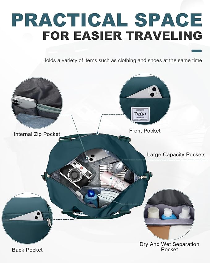 Spirit Travel Duffel Bag - 18x14x8 Inches Weekender Overnight Bag with Shoes Compartment, Trolley Sleeve, Carry On for Airplanes, Gym Tote - Dark Blue