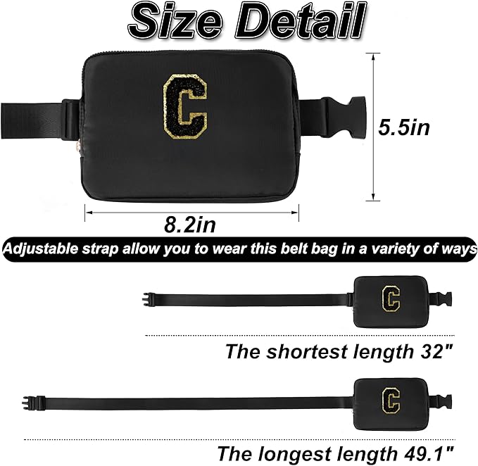 Uygafly Personalized Belt Bag for Women Girls - Fashion Mini Waist Packs with Adjustable Strap - Trendy Travel Fanny Pack Crossbody Bags with Initial Letter - Teen Gifts | Black,Black C